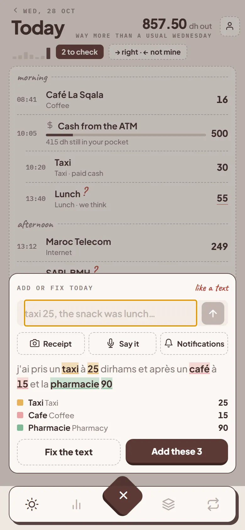 Spoken words with the item names and amounts marked in matching colours
