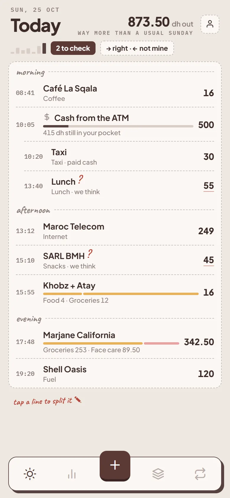 Moonpurse's Today screen: the day's payments as a short ledger